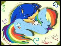 Size: 786x592 | Tagged: safe, artist:asikku, rainbow dash, pony, g4, crossover, male, sleeping, sonic the hedgehog, sonic the hedgehog (series)