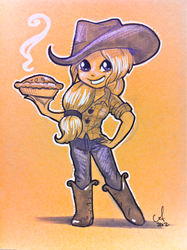 Size: 765x1024 | Tagged: safe, artist:amy mebberson, edit, applejack, human, g4, applejack's hat, boots, cowboy boots, cowboy hat, female, hat, humanized, pie, solo