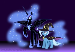 Size: 1000x695 | Tagged: safe, artist:yamino, nightmare moon, trixie, g4