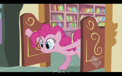 Size: 640x400 | Tagged: safe, screencap, pinkie pie, earth pony, pony, baby cakes, g4, bipedal, hub logo, panic, youtube caption