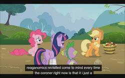 Size: 640x400 | Tagged: safe, edit, edited screencap, screencap, applejack, pinkie pie, spike, twilight sparkle, dragon, earth pony, pony, unicorn, g4, apple, butt, caption, female, food, injured, male, mare, plot, youtube caption