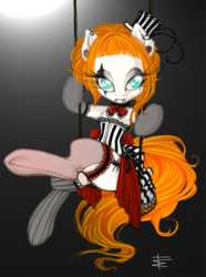 Size: 669x900 | Tagged: safe, artist:tt-n, oc, oc only, oc:mt, earth pony, pony, ask mt, choker, clothes, colored, corset, fascinator, female, freckles, garter, garter belt, impossibly long eyelashes, long gloves, looking at you, piercing, saloon dress, socks, stockings, swing, thigh highs, underhoof