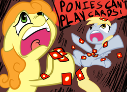 Size: 2338x1700 | Tagged: safe, artist:rustydooks, artist:tess, carrot top, derpy hooves, golden harvest, pegasus, pony, g4, card, card games, dialogue, duo, female, mare, ponies can't play cards