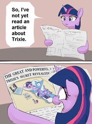 Size: 639x860 | Tagged: safe, artist:masak9, trixie, twilight sparkle, pony, unicorn, g4, body pillow, computer, female, horn, laptop computer, lesbian, mare, newspaper, pillow, ship:twixie, shipping, translation