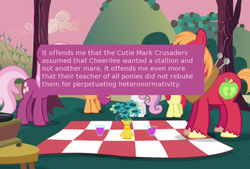 Size: 500x338 | Tagged: safe, screencap, apple bloom, big macintosh, cheerilee, scootaloo, sweetie belle, earth pony, pony, offensive ponies, g4, hearts and hooves day (episode), cutie mark crusaders, female, hearts and hooves day, male, mare, meta, stallion, text