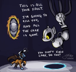 Size: 600x571 | Tagged: safe, artist:yamino, chell, glados, ponified, portal, portal (valve), portal gun