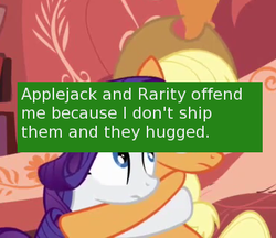 Size: 367x317 | Tagged: safe, edit, edited screencap, screencap, applejack, rarity, offensive ponies, g4, look before you sleep, female, golden oaks library, hug, lesbian, meta, ship:rarijack, shipping, text