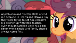 Size: 500x282 | Tagged: safe, edit, edited screencap, screencap, apple bloom, big macintosh, cheerilee, rarity, scootaloo, sweetie belle, offensive ponies, g4, hearts and hooves day (episode), cutie mark crusaders, hearts and hooves day, meta, text