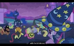 Size: 640x400 | Tagged: safe, edit, edited screencap, screencap, carrot top, cherry berry, cloud kicker, golden harvest, lemon hearts, meadow song, princess luna, star swirl the bearded, sunshower raindrops, twilight sparkle, alicorn, pony, unicorn, g4, luna eclipsed, bowing, butt, caption, clothes, cosplay, costume, female, mare, nightmare night costume, plot, star swirl the bearded costume, text, twilight the bearded, youtube caption