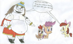 Size: 900x543 | Tagged: safe, artist:sithvampiremaster27, apple bloom, scootaloo, g4, crossover, eric cartman, fat, good times with weapons, scootachicken, south park