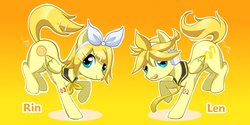 Size: 900x450 | Tagged: safe, artist:canarycharm, pegasus, pony, blonde mane, female, kagamine len, kagamine rin, male, mare, ponified, stallion, vocaloid