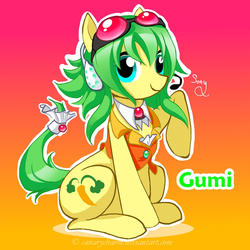 Size: 1051x1051 | Tagged: safe, artist:canarycharm, detached sleeves, female, goggles, goggles on head, gradient background, green eyes, green hair, gumi, gumi megpoid, looking at camera, mare, neckwear, orange jacket, ponified, short hair, smiling, vocaloid