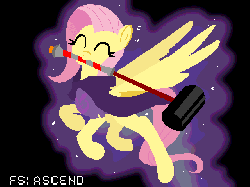 Size: 640x480 | Tagged: safe, artist:brokepegasus, fluttershy, pegasus, pony, g4, animated, clothes, eyes closed, female, flying, glowing, god tier, god tiers, hammer, hero of rage, homestuck, mare, mouth hold, smiling, spread wings