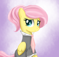 Size: 900x860 | Tagged: dead source, safe, artist:maplesunrise, fluttershy, pegasus, pony, g4, businessmare, clothes, cute, female, folded wings, gradient background, mare, necktie, shyabetes, signature, sitting, solo, suit, wings