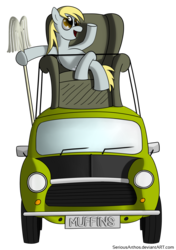 Size: 1280x1821 | Tagged: safe, artist:seriousarthos, derpy hooves, pegasus, pony, g4, car, classic mini, female, mare, mini cooper, mr bean, parody, simple background, solo, transparent background