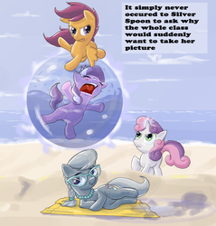 Size: 1050x1100 | Tagged: safe, artist:rocketknightgeek, diamond tiara, scootaloo, silver spoon, sweetie belle, g4, abuse, force field, magic, tiarabuse