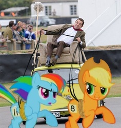 Size: 377x400 | Tagged: safe, artist:trotsworth, applejack, rainbow dash, g4, bridle, car, chariot, crossover, goodwood, mr bean, photo, reins, tack