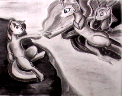 Size: 1103x869 | Tagged: safe, artist:thefabledrarity, princess celestia, princess luna, twilight sparkle, g4, fine art parody, grayscale, monochrome, the creation of adam, traditional art, trio