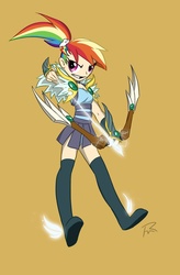 Size: 1183x1800 | Tagged: safe, artist:didj, rainbow dash, human, my little mages, g4, archer, archer dash, archery, arrow, bow (weapon), bow and arrow, fantasy class, humanized, skinny, thin, weapon, winged shoes
