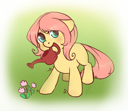 Size: 800x693 | Tagged: safe, artist:vella, posey, g1, blushing, ears back, flower, full body, grass, looking up, mouth hold, solo, three quarter view, watering can