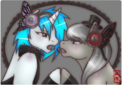 Size: 721x503 | Tagged: safe, artist:slightly-stratus, dj pon-3, octavia melody, vinyl scratch, g4, duo, female, lesbian, magnet (vocaloid), parody, ship:scratchtavia, shipping, song reference, vocaloid