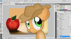 Size: 1366x746 | Tagged: safe, artist:noponyzone, applejack, earth pony, pony, g4, breaking the fourth wall, female, obligatory apple, solo