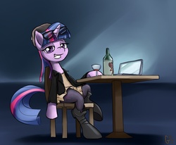 Size: 1040x859 | Tagged: safe, artist:gsphere, twilight sparkle, pony, g4, alcohol, chair, clothes, computer, female, glasses, hipster, jacket, laptop computer, looking at you, sitting, solo, table, wine