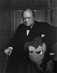 Size: 1526x1942 | Tagged: dead source, safe, artist:davca, pinkie pie, g4, black and white, grayscale, irl, photo, ponies in real life, pouting, winston churchill