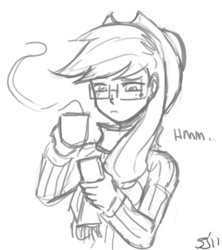 Size: 800x902 | Tagged: safe, artist:johnjoseco, applejack, human, g4, clothes, coffee, female, glasses, grayscale, hipster, humanized, monochrome, scarf, solo