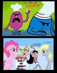 Size: 900x1159 | Tagged: safe, artist:abigail m., derpy hooves, pinkie pie, earth pony, human, pegasus, pony, g4, bandage, bipedal, chef, chef's hat, comic, crossover, crying, female, hat, male, mare, mr. bump, mr. men, mr. men little miss, mr. stubborn, muffin, the fairly oddparents, the mr. men show, trixie tang, wat