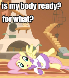 Size: 408x459 | Tagged: safe, fluttershy, g4, bathrobe, caption, clothes, image macro, my body is ready, robe