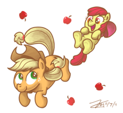 Size: 522x480 | Tagged: safe, artist:zicygomar, apple bloom, applejack, earth pony, pony, g4, apple, falling, simple background, sisters