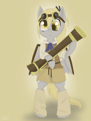 Size: 1536x2048 | Tagged: safe, artist:silbersternenlicht, derpy hooves, pony, g4, bipedal, female, goggles, rocket launcher, solo, steampunk