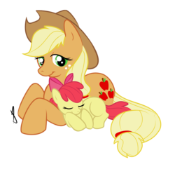 Size: 1771x1708 | Tagged: safe, artist:littletiger488, apple bloom, applejack, earth pony, pony, g4, adorabloom, cute, female, filly, mare, prone, simple background, sisters, sleeping, transparent background