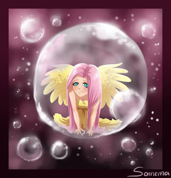 Size: 800x831 | Tagged: safe, artist:seismopac, fluttershy, human, g4, bubble, humanized, in bubble, solo, winged humanization