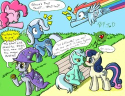 Size: 1744x1341 | Tagged: dead source, safe, artist:quarium, bon bon, derpy hooves, lyra heartstrings, pinkie pie, rainbow dash, sweetie drops, trixie, earth pony, pegasus, pony, unicorn, g4, accessory swap, accessory theft, female, lesbian, mare, ship:lyrabon, shipping, sitting, the great and powerful