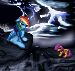 Size: 892x847 | Tagged: safe, artist:leyanor, rainbow dash, scootaloo, g4, canterlot, night, scootaloo can't fly