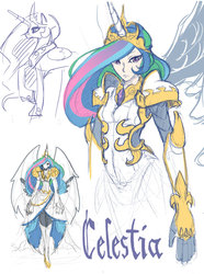 Size: 594x800 | Tagged: dead source, safe, artist:wei-jing, princess celestia, alicorn, human, pony, g4, armor, badass, crown, female, gauntlet, horn, horned humanization, humanized, jewelry, mare, regalia, simple background, sketch, white background, winged humanization, wings