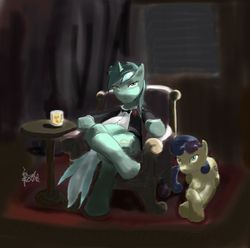 Size: 890x884 | Tagged: dead source, safe, artist:tnu, bon bon, lyra heartstrings, sweetie drops, g4, armchair, chair, clothes, drink, sitting, the godfather, tuxedo