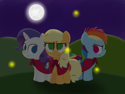 Size: 2000x1500 | Tagged: safe, artist:dtcx97, applejack, rainbow dash, rarity, earth pony, firefly (insect), pegasus, pony, unicorn, g4, alternate universe, cape, clothes, cutie mark crusaders, female, filly, foal, full moon, grass field, hooves, horn, lineless, moon, night, night sky, sky, smiling, trio, wings