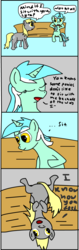 Size: 561x1780 | Tagged: safe, artist:roflpony, derpy hooves, lyra heartstrings, pegasus, pony, unicorn, g4, bench, comic, duo, duo female, eyes closed, female, mare, sitting, upside down