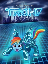 Size: 768x1024 | Tagged: safe, artist:madmax, rainbow dash, g4, city, clothes, cosplay, costume, grid, movie poster, parody, tron, tron legacy