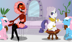 Size: 900x517 | Tagged: dead source, safe, artist:paranormal-one, aloe, lotus blossom, rarity, g4, crossover, him, ponyville spa, spa, the powerpuff girls, watermark, we look smashing