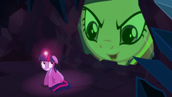 Size: 1280x720 | Tagged: safe, screencap, queen chrysalis, twilight sparkle, pony, unicorn, a canterlot wedding, g4, season 2, cave, cave meme, crystal caverns, disguise, disguised changeling, duo, fake cadance, female, light spell, mare, meme origin, unicorn twilight