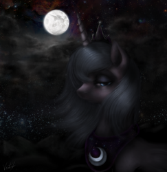 Size: 1050x1080 | Tagged: safe, artist:ventious, princess luna, alicorn, pony, g4, crown, depressed, female, full moon, jewelry, lidded eyes, mare, mare in the moon, moon, night, peytral, regalia, s1 luna, solo, stars