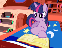 Size: 825x638 | Tagged: safe, artist:latecustomer, twilight sparkle, pony, unicorn, g4, bed, book, bookshelf, female, golden oaks library, mare, prone, reading, smiling, solo, unicorn twilight