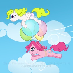 Size: 1178x1176 | Tagged: safe, artist:jessami, pinkie pie, surprise, earth pony, pegasus, pony, g1, g4, balloon, cloud, duo, floating, flying, g1 to g4, generation leap, sky, smiling, then watch her balloons lift her up to the sky, watermark