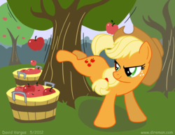 Size: 825x638 | Tagged: safe, artist:latecustomer, applejack, earth pony, pony, g4, apple, apple tree, apple/apples falling, applebucking, applejack mid tree-buck facing the right with 3 apples falling down, applejack mid tree-buck with 3 apples falling down, bucking, falling, female, food, mare, show accurate, solo, tree