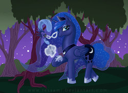 Size: 1332x965 | Tagged: safe, artist:jessami, princess luna, pony, g4, feather, female, magic, mask, solo, telekinesis, tree