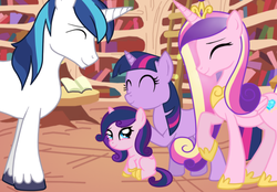 Size: 810x565 | Tagged: safe, artist:mo0onbabi, princess cadance, shining armor, twilight sparkle, oc, oc:mi corazon violeta, alicorn, pony, unicorn, g4, ^^, aunt, auntie twilight, eyes closed, female, hilarious in hindsight, male, niece, offspring, parent:princess cadance, parent:shining armor, parents:shiningcadance, ship:shiningcadance, shipping, stallion, straight